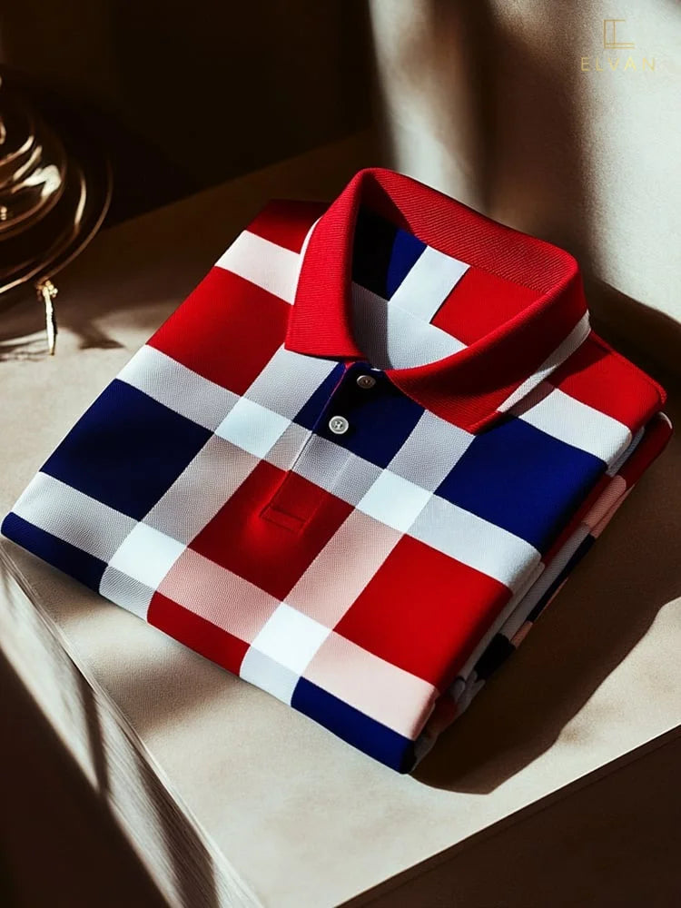 Men's Business Plaid Polyester Short Sleeve Polo Shirt