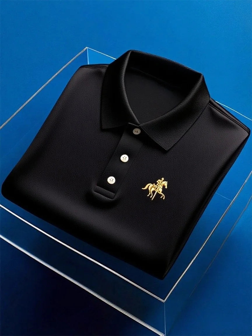 Men's Business Casual Button Short Sleeve Polo Shirt with Mixed Print and Elastic