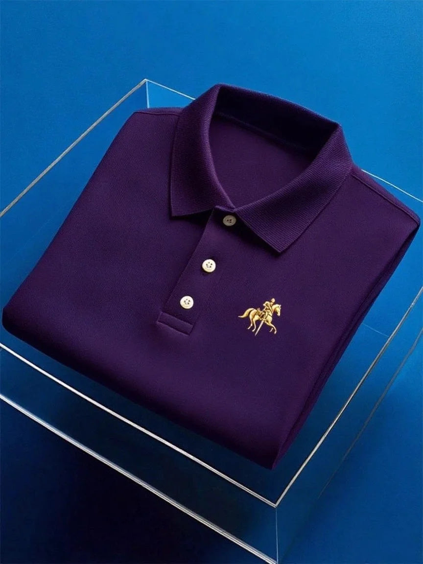 Men's Business Casual Button Short Sleeve Polo Shirt with Mixed Print and Elastic