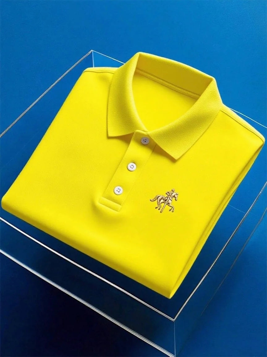 Men's Business Casual Button Short Sleeve Polo Shirt with Mixed Print and Elastic