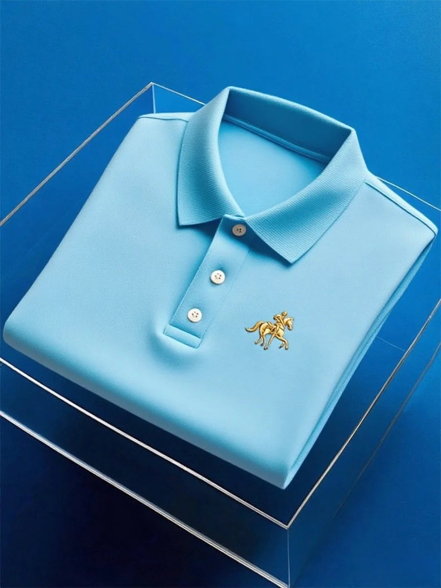 Men's Business Casual Button Short Sleeve Polo Shirt with Mixed Print and Elastic