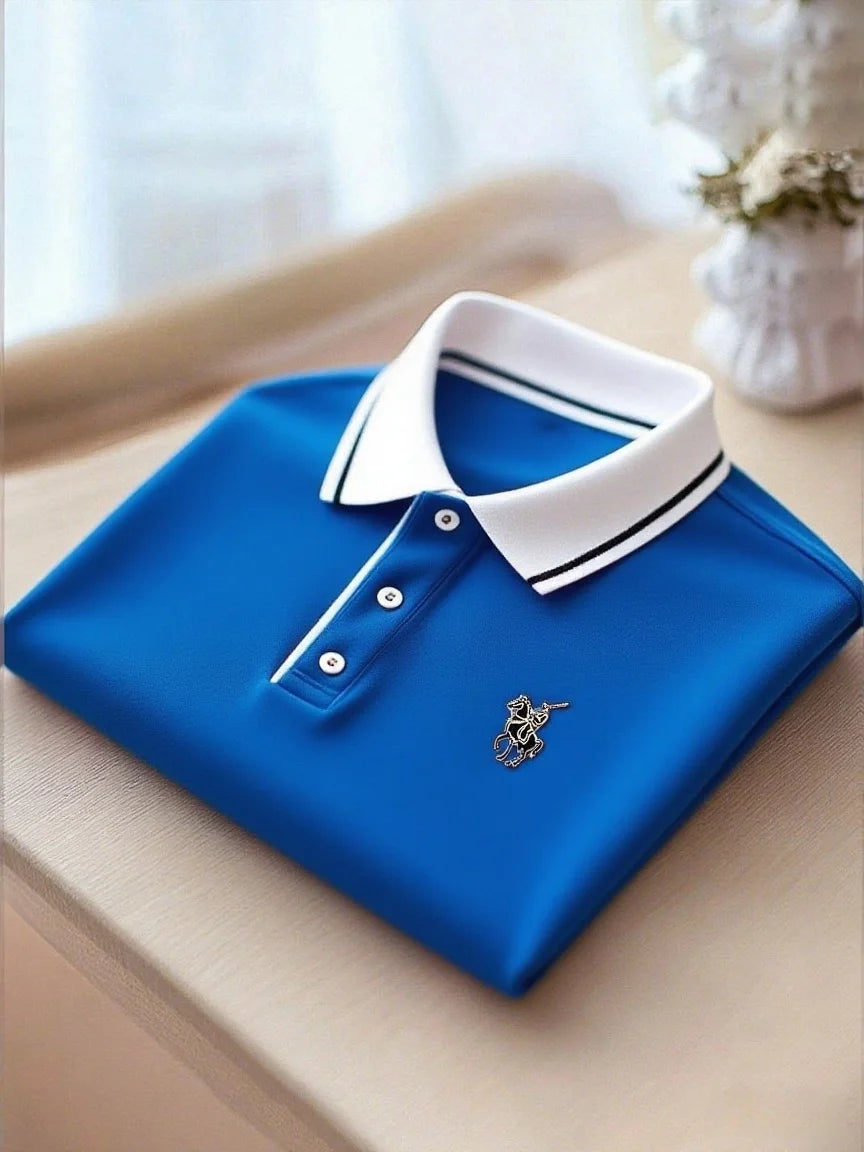 Men's Business Casual Button Short Sleeve Polo Shirt with Mixed Print Design