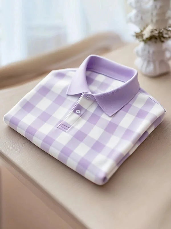 Men's Classic Business Button Short Sleeve Polo Shirt Polyester Plaid Loose Fit