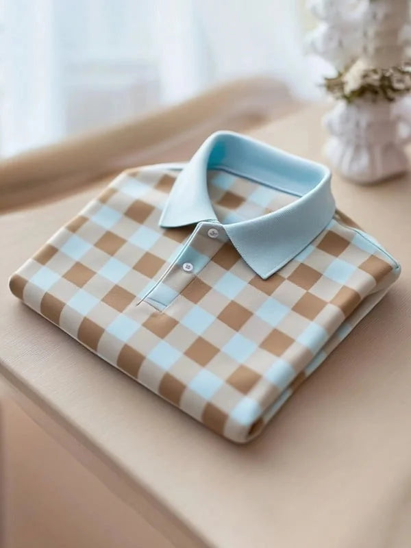 Men's Classic Business Button Short Sleeve Polo Shirt Polyester Plaid Loose Fit