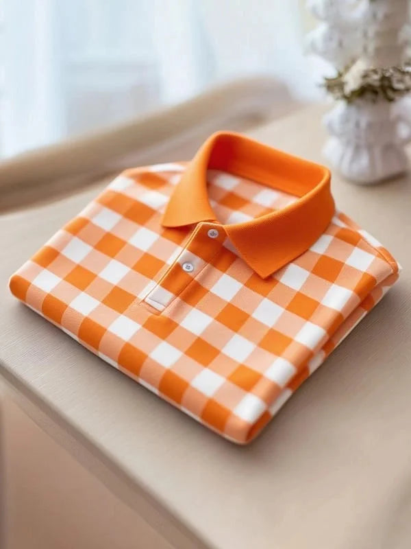 Men's Classic Business Button Short Sleeve Polo Shirt Polyester Plaid Loose Fit