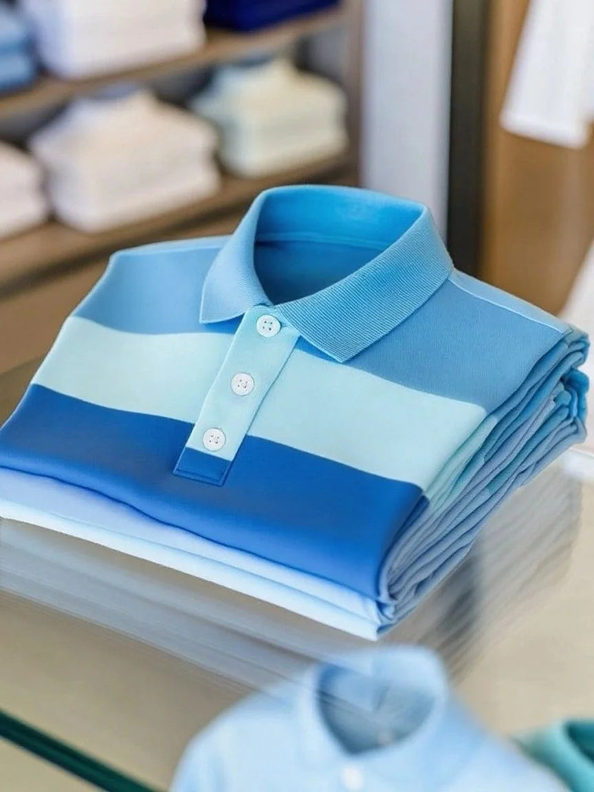 Men's Business Casual Color Block Stripe Button Short Sleeve Polo Shirt