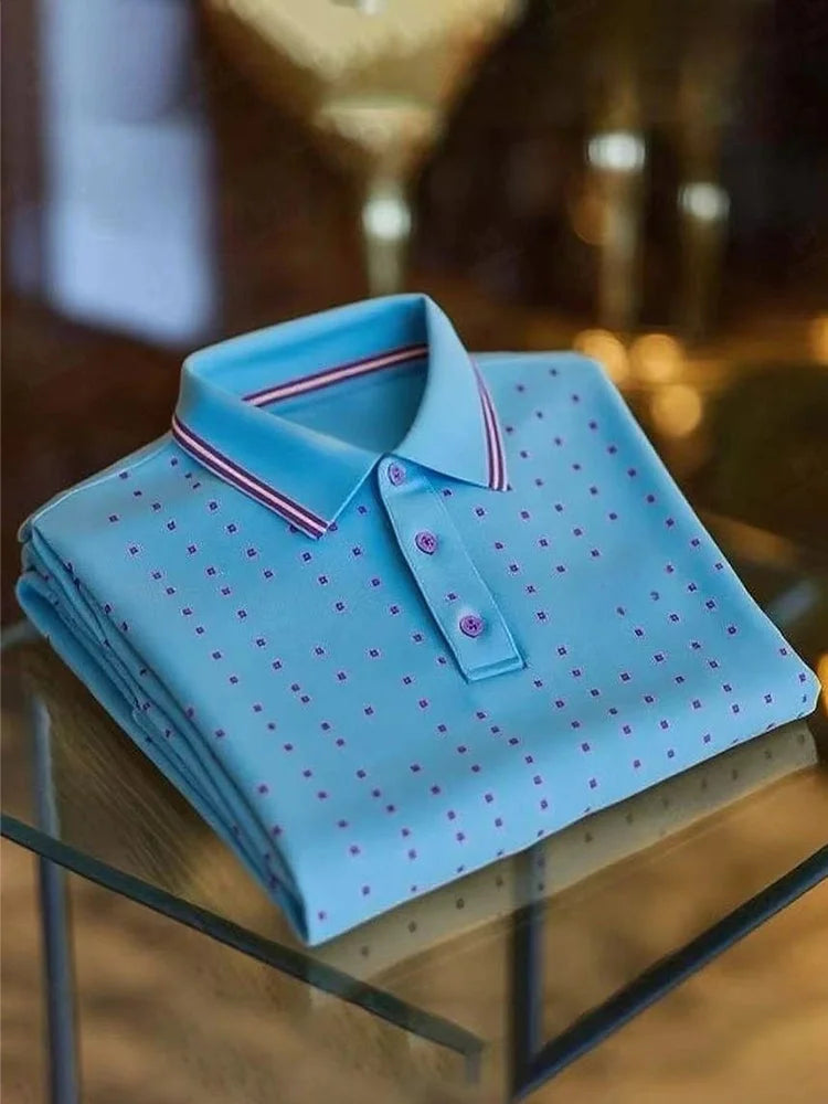 Men's Classic Business Short Sleeve Polo Shirt Polyester Plaid Loose Fit