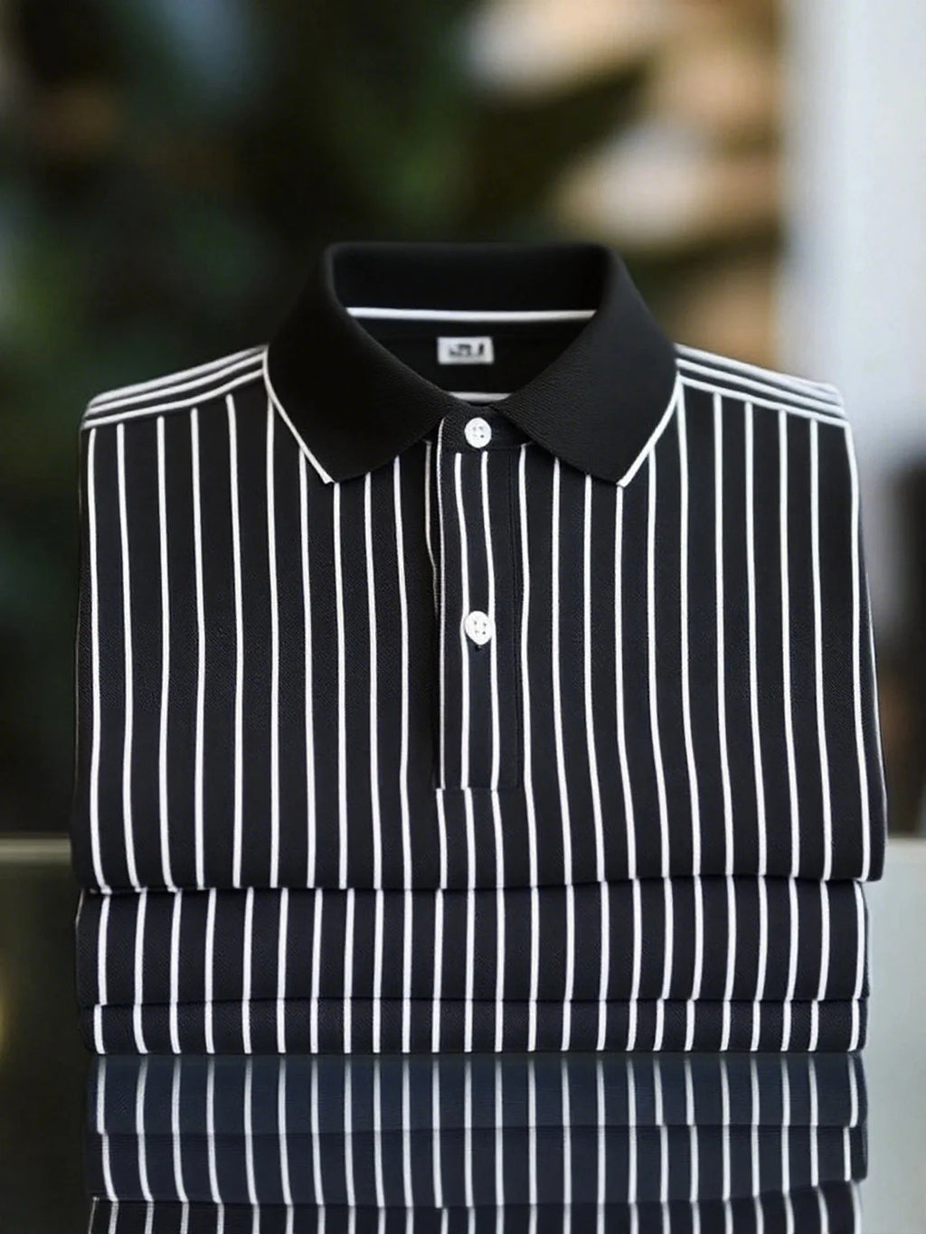 Men's Classic Business Short Sleeve Polo Shirt Polyester Striped Loose Fit
