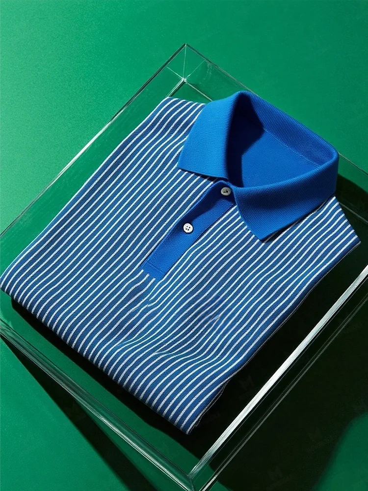 Men's Business Casual Striped Button Short Sleeve Polo Shirt Polyester Elastic