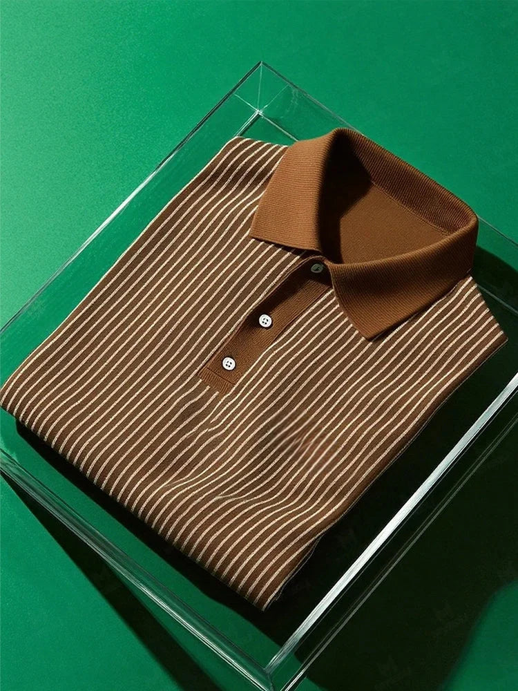 Men's Business Casual Striped Button Short Sleeve Polo Shirt Polyester Elastic