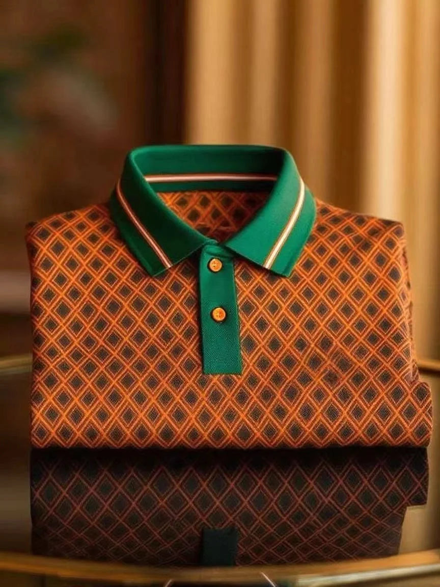 Men's Classic Business Button Short Sleeve Polo Shirt Polyester Plaid Loose Fit