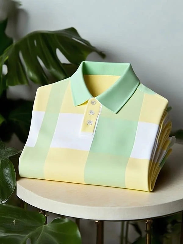 Men's Classic Business Striped Polyester Short Sleeve Polo Shirt