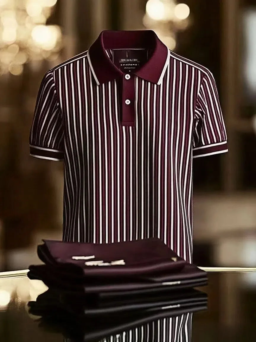 Men's Striped Business Lapel Short Sleeve Polo Shirt with Mixed Print Design