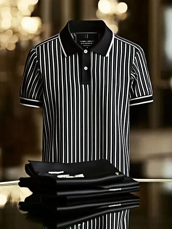 Men's Striped Business Lapel Short Sleeve Polo Shirt with Mixed Print Design