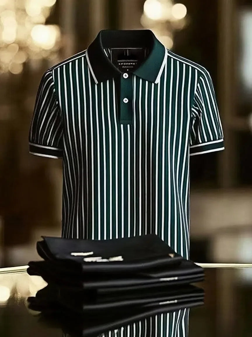 Men's Striped Business Lapel Short Sleeve Polo Shirt with Mixed Print Design