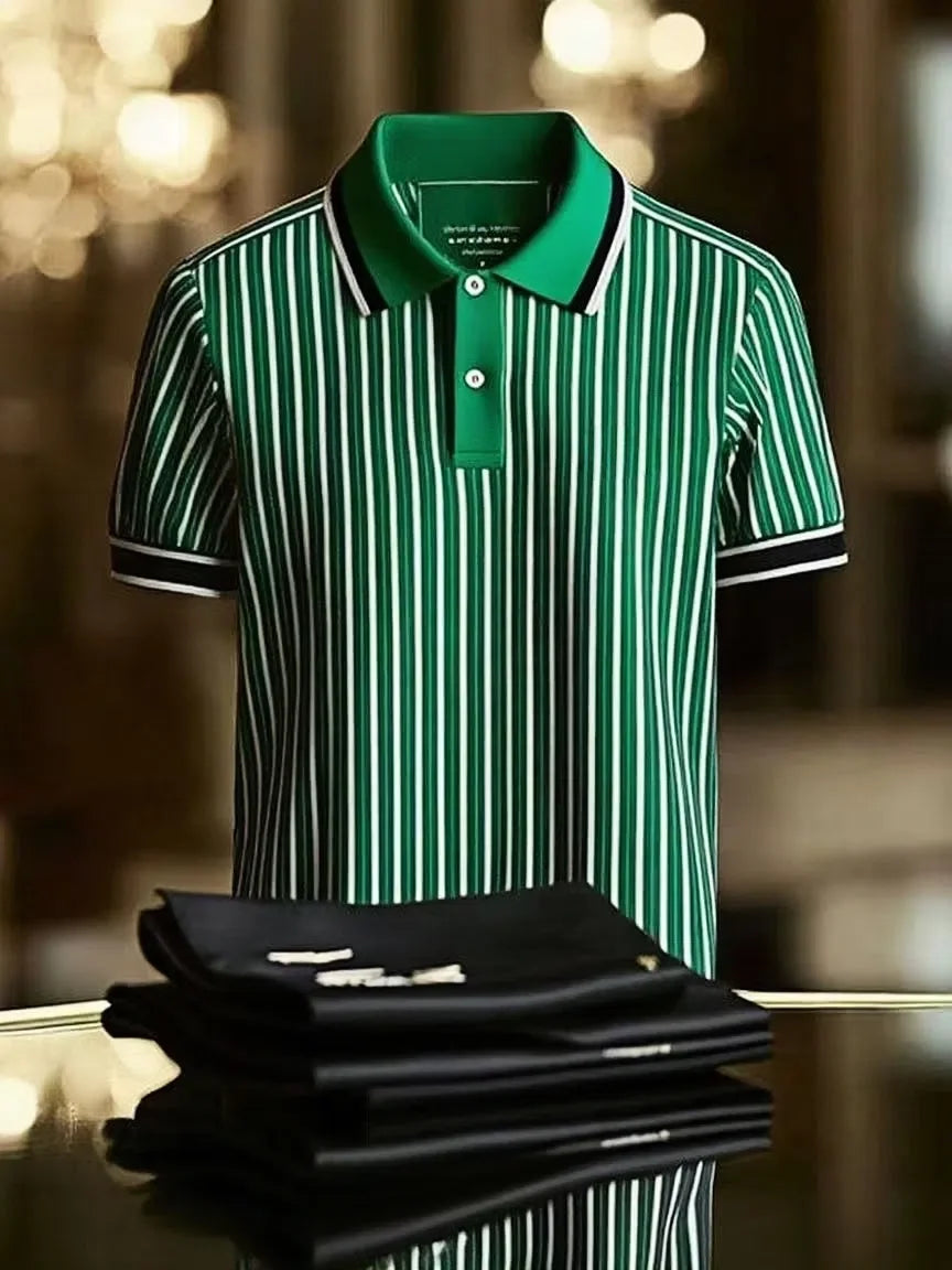 Men's Striped Business Lapel Short Sleeve Polo Shirt with Mixed Print Design