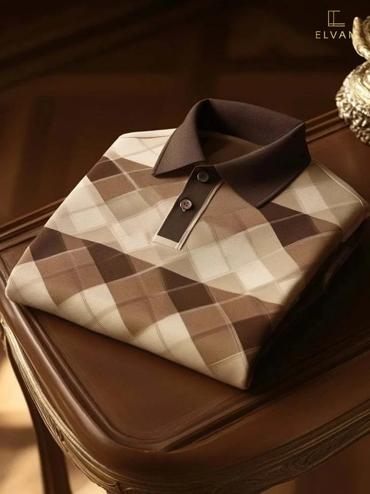 Men's Classic Business Button Short Sleeve Polo Shirt Plaid Polyester Loose Fit