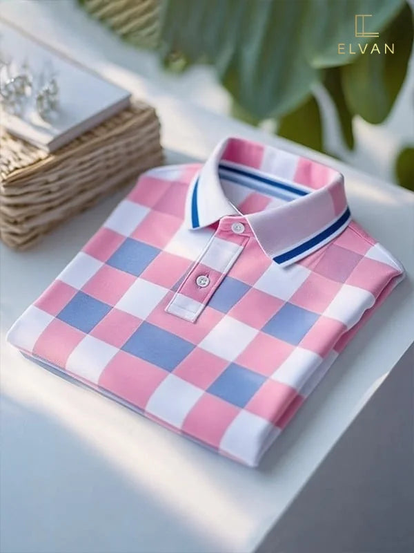 Men's Classic Plaid Polyester Short Sleeve Polo Shirt