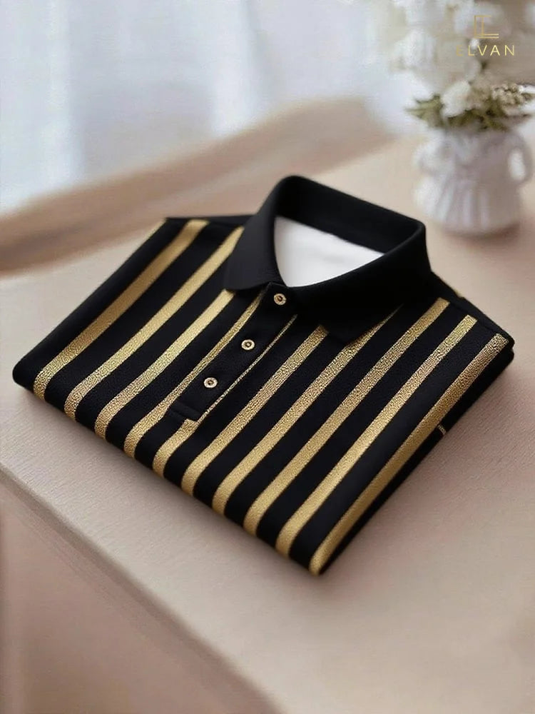 Men's Business Casual Gold Black Stripe Short Sleeve Polo Shirt