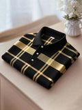 Men's Business Casual Black Yellow Plaid Short Sleeve Polo Shirt Polyester